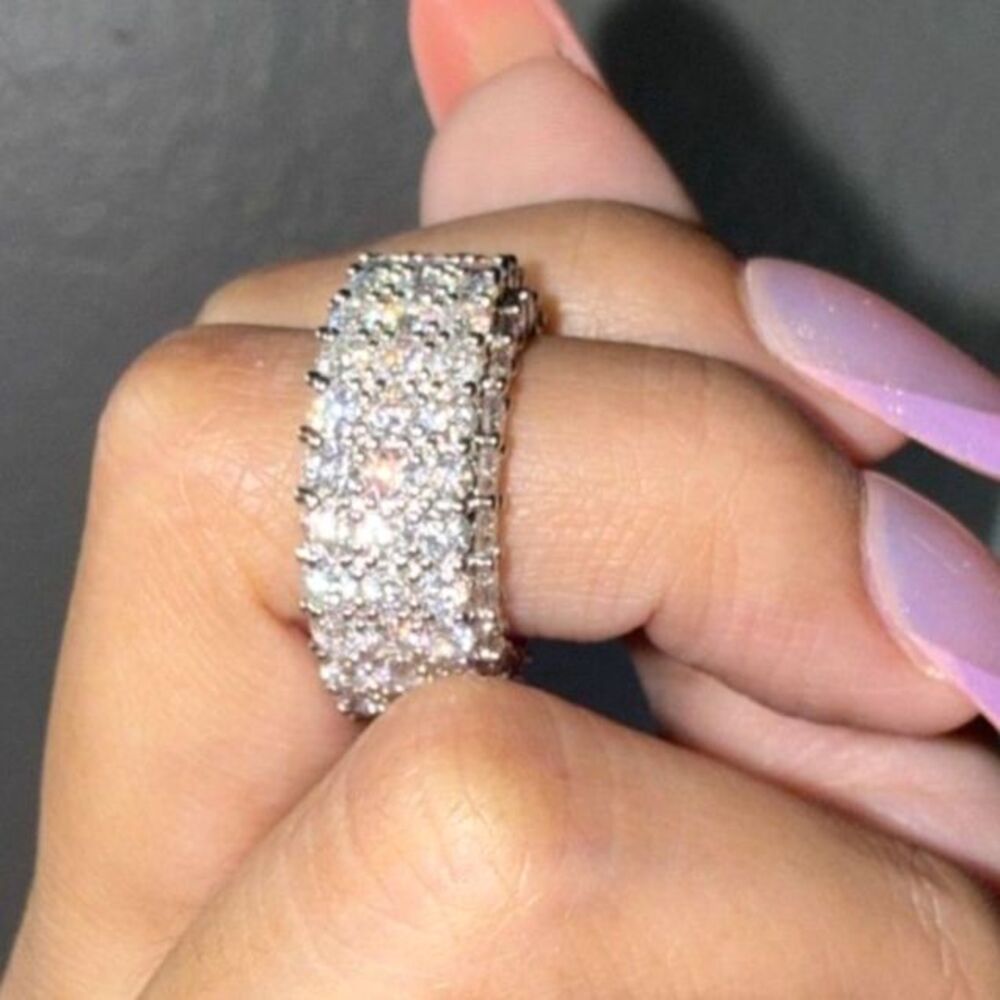 Statement Moissanite Wide Band Ring – Size 5 - Rhodium Plated